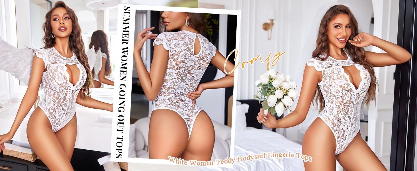 Avidlove Lace Bodysuits for Women Lingerie Bodysuit Tops One Piece Short Sleeve S-XXL