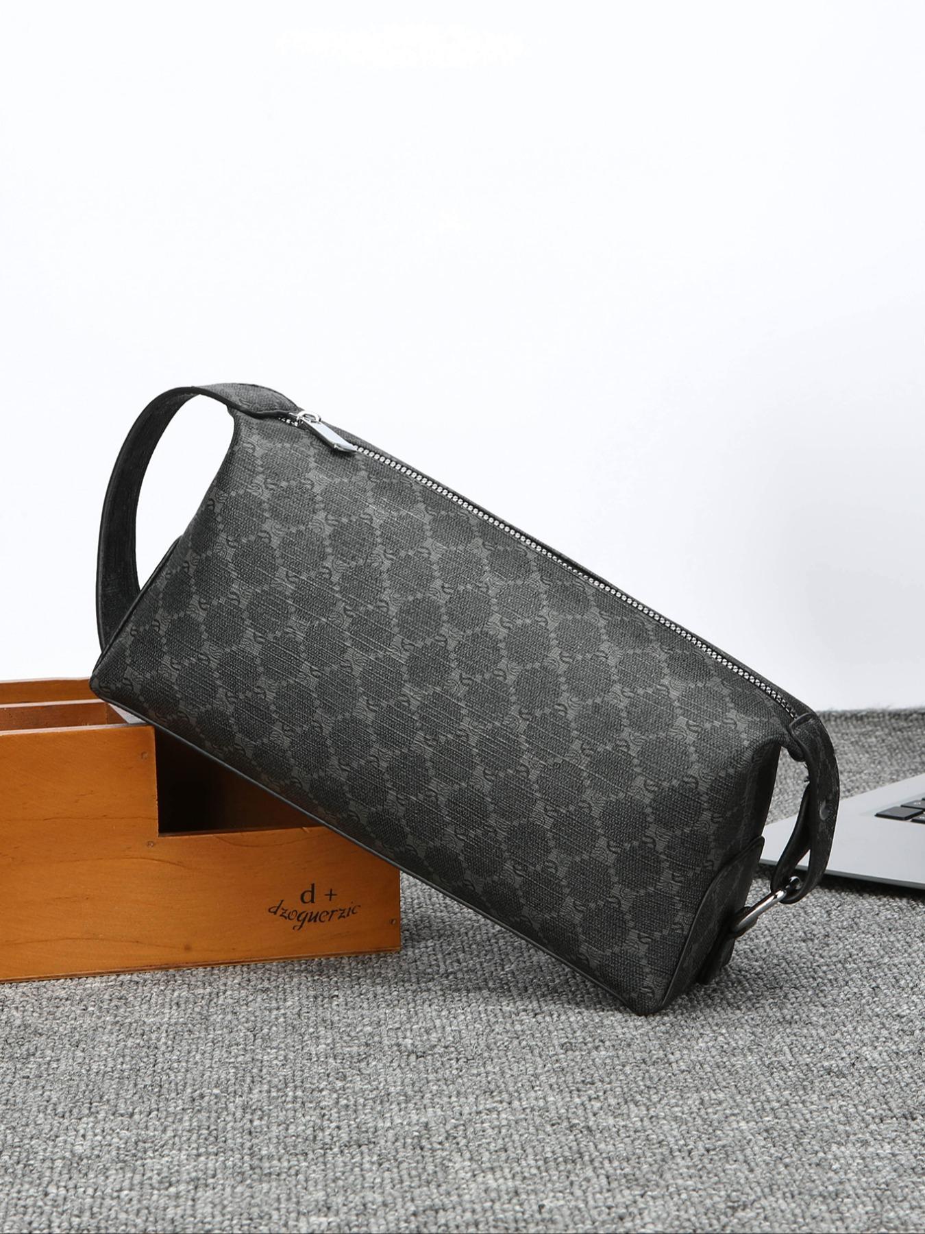 Men's Vintage Monogram Toiletry Bag, Large Capacity PU Leather Travel Dopp Kit, Portable Cosmetic Organizer with Handle for Daily Use