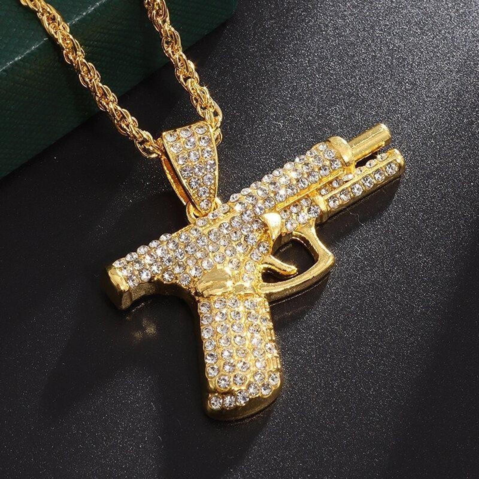 Men's Iced Out Cuban Link Chain with Rhinestone Pistol Pendant, Hip Hop Bling Necklace for Daily Casual Wear