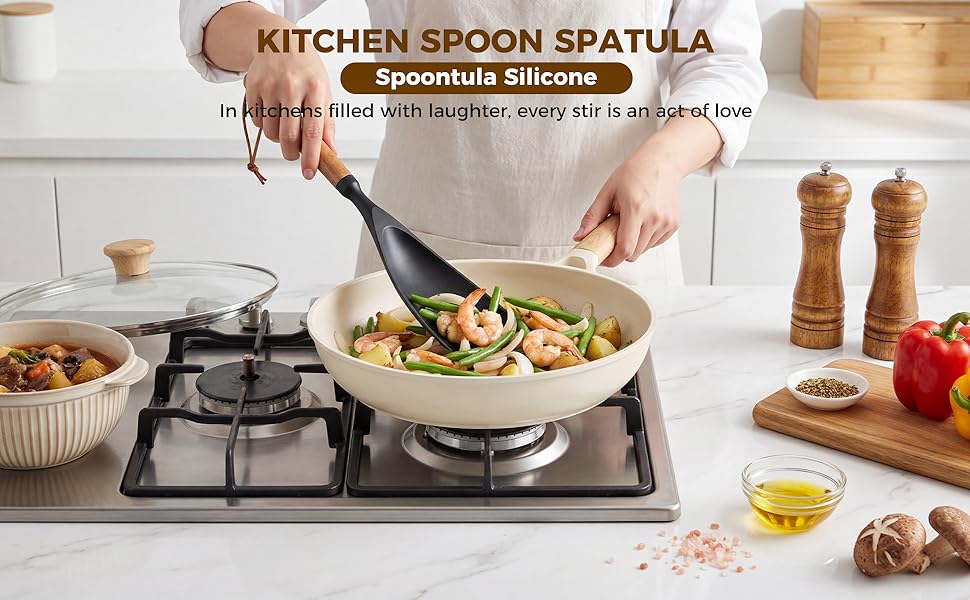 Cooking Spoon for Nonstick, 2-Pack Wooden Handle Spatula Spoon for Cooking,, Scooping & Scraping – Food-Spoon, Heat Resistant, Hole – Black, 12.8 Inch
