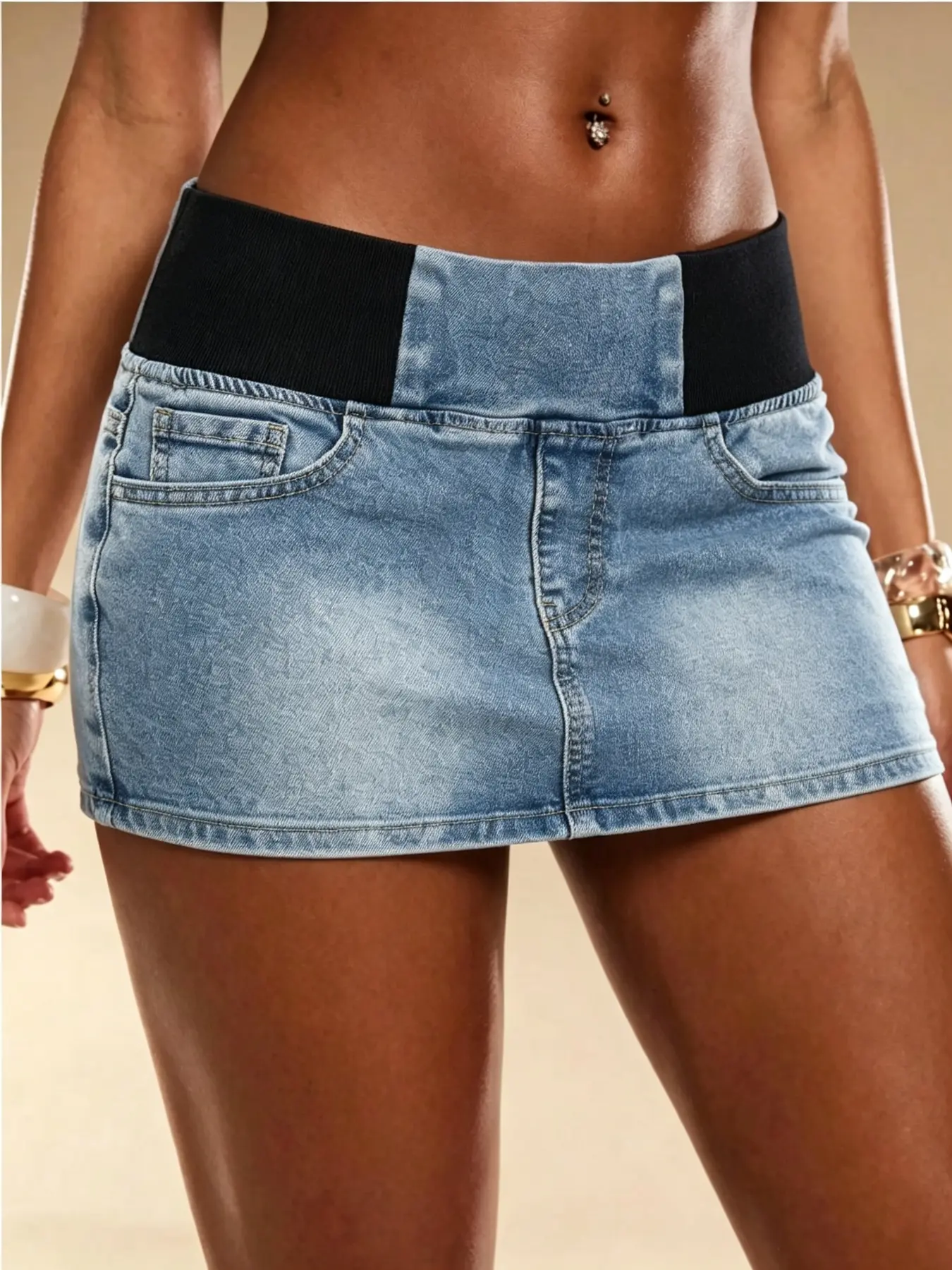 Millennial Style Chic Elastic Waist Denim Mini Skirt, Vintage Washed Pocket Design, Streetwear High Waist Short Skirt for Fall