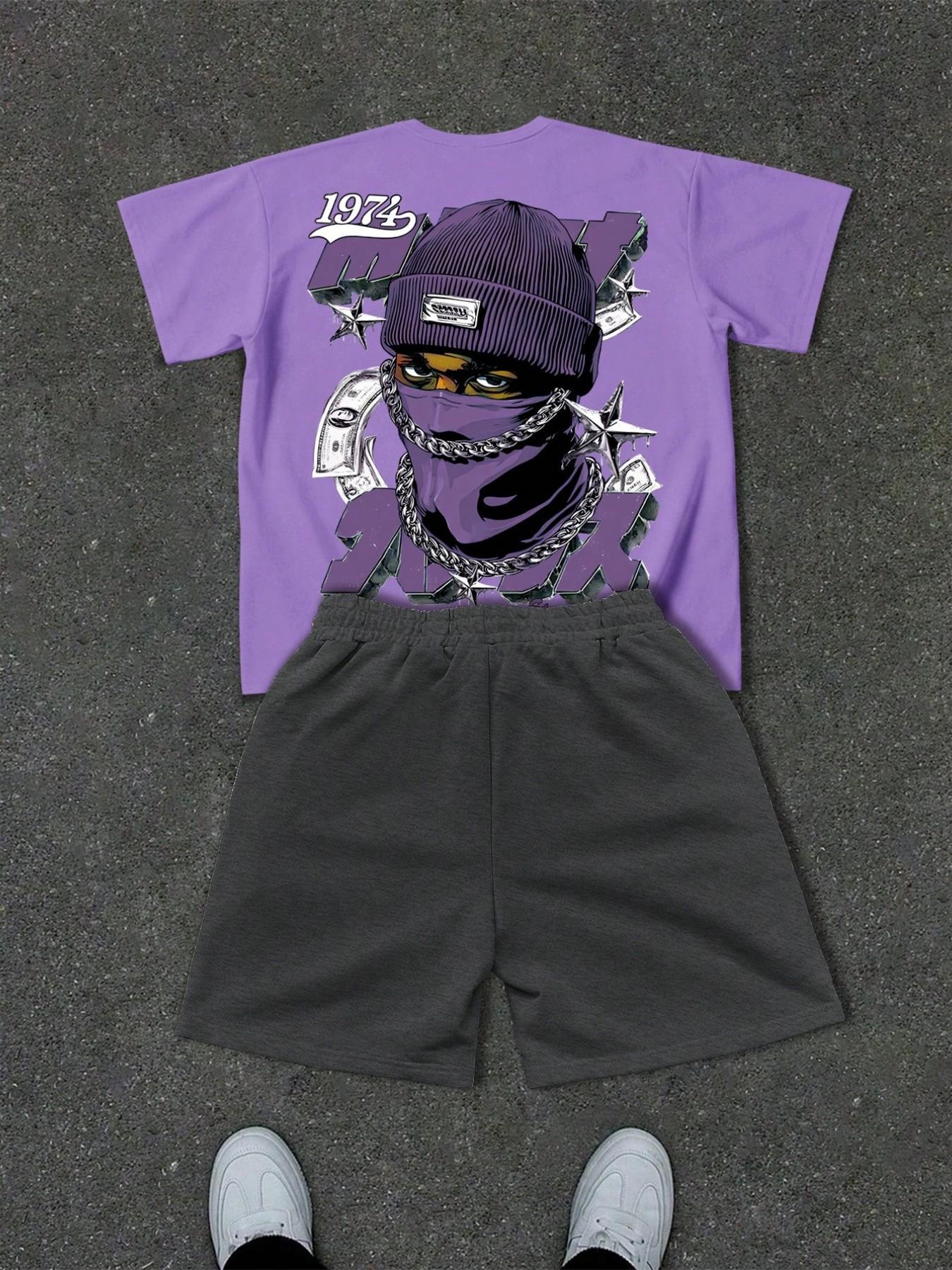 Men's Two-Piece Hip-Hop Set Outfit, Printed Short Sleeve + Drawstring Shorts, 5 Styles Summer Casual Sports, Loose-Fitting, All over Print