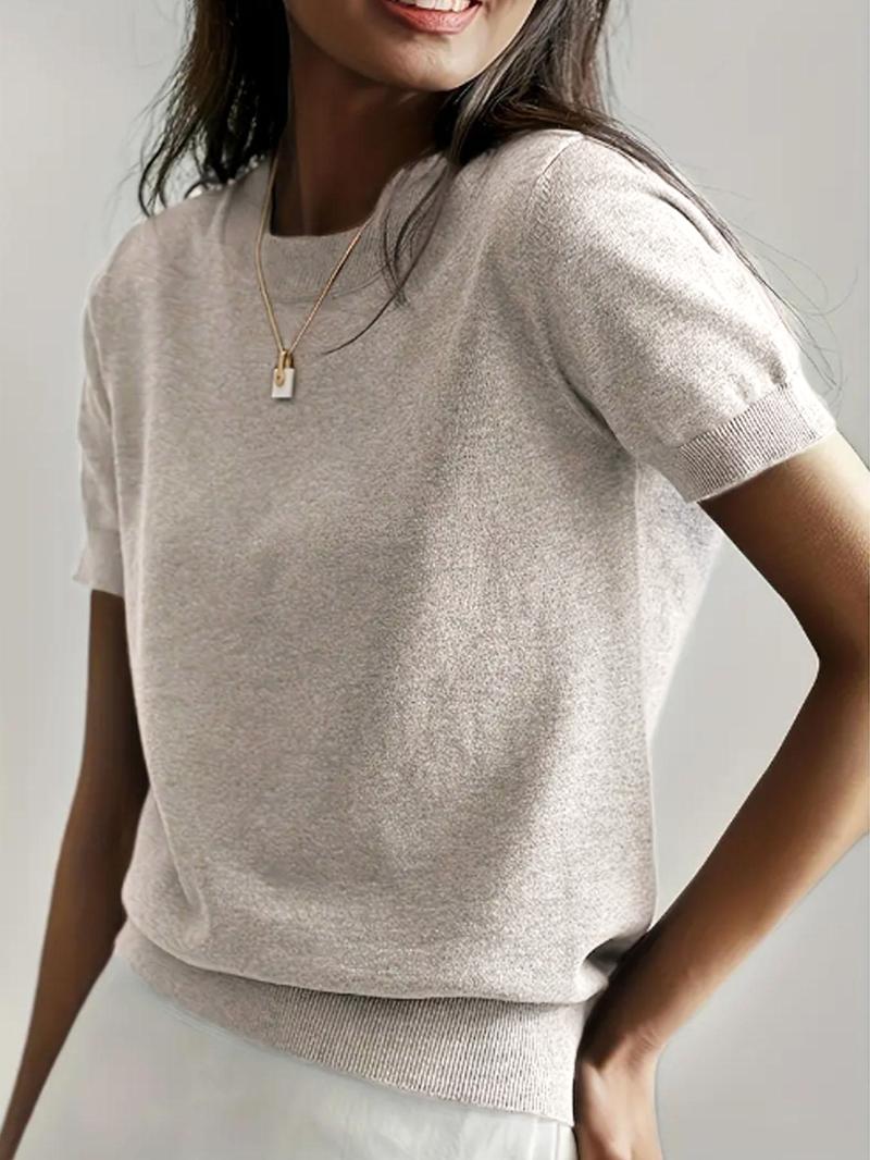 Women's Solid Color Crew Neck Short Sleeve Sweater, Casual Basic Knit Pullover for Spring & Fall, Fashion Women's Knitwear for Daily Wear, Womenswear