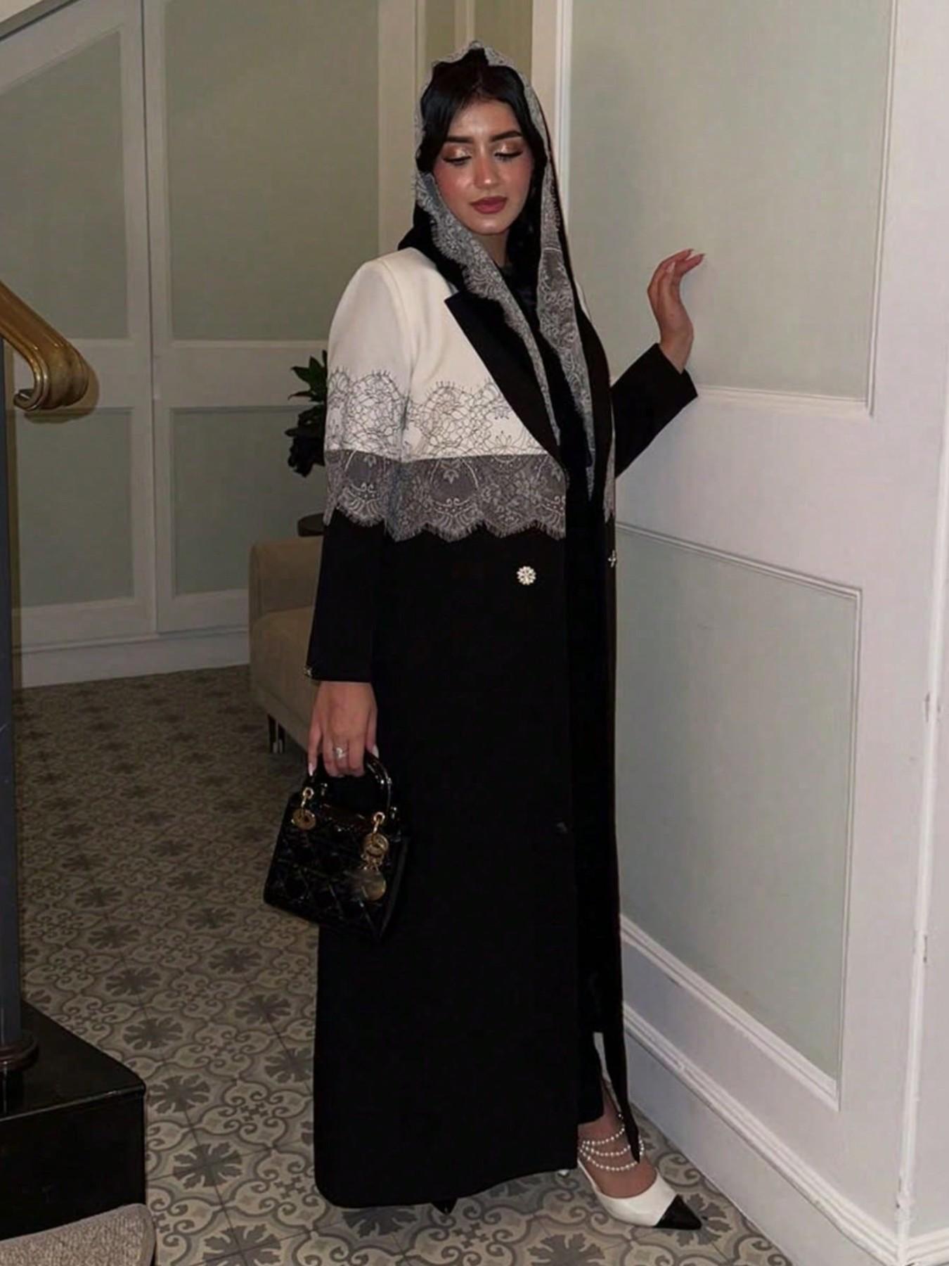 Lace Patchwork Blazer Coat, Elegant Long Cardigan with Scarf, Loose-Fitting Outerwear for All Seasons