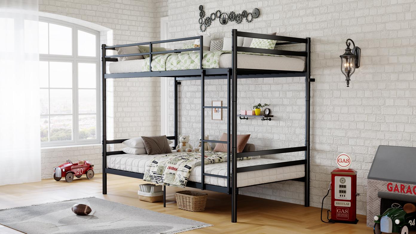 Twin Over Twin Metal Bunk Bed with Ladder and High Guardrail - Convertible Splittable Bunk Bed Frame with Under Bed Storage Space, Noise Free, BLACK