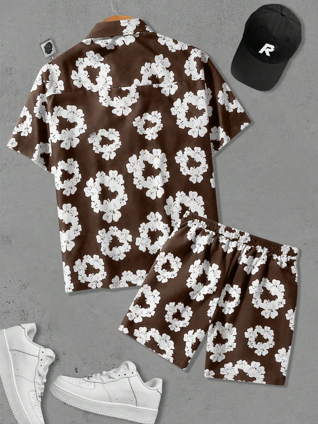 Men's Floral Print Shortsleeve Top & Shorts Two-piece Set, Regular Fit Casual Fashion Cozy Short Sleeve Collared Top & Track Shorts for Daily Outdoor Wear, Menswear for Summer, Tops Shorts Set