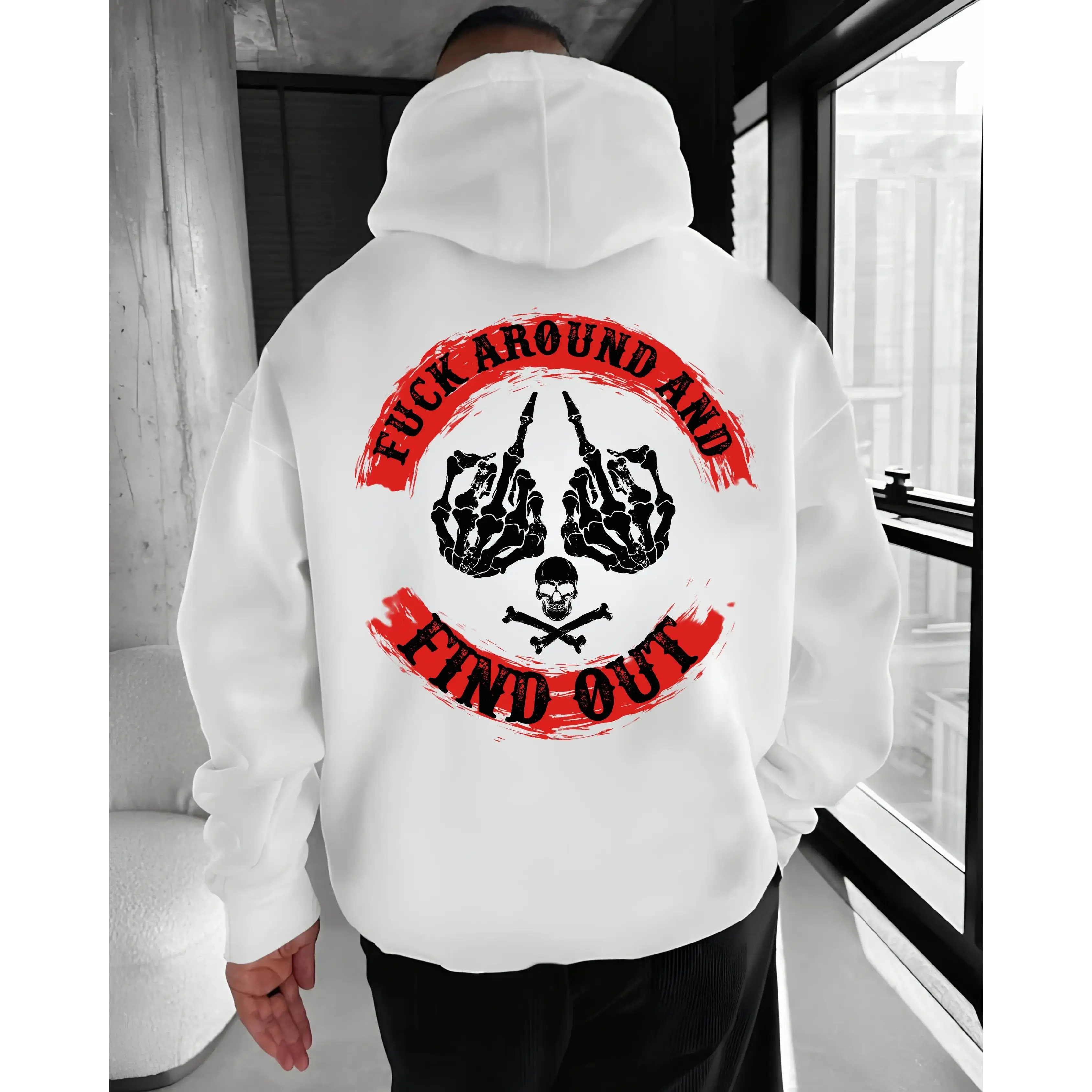 Fuck Around And Find Out Skull Hand Graphic Hoodie – Dark Humor Aggressive Quote Hoodie for Men