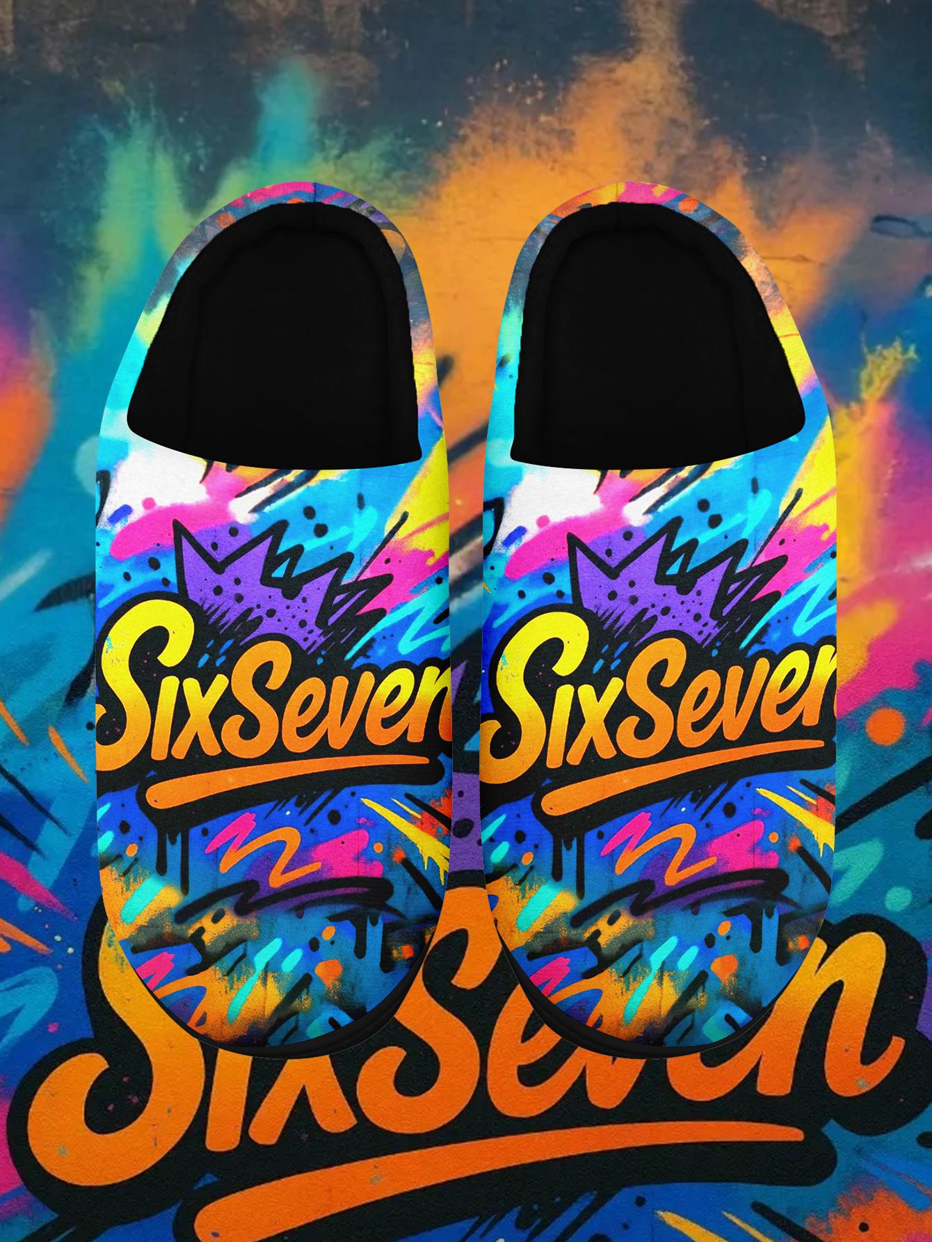 Men's Plus Size "SixSeven" Colorful Graffiti-Pattern Warm Indoor Slippers - Comfortable Cozy Home Footwear for Autumn & Winter