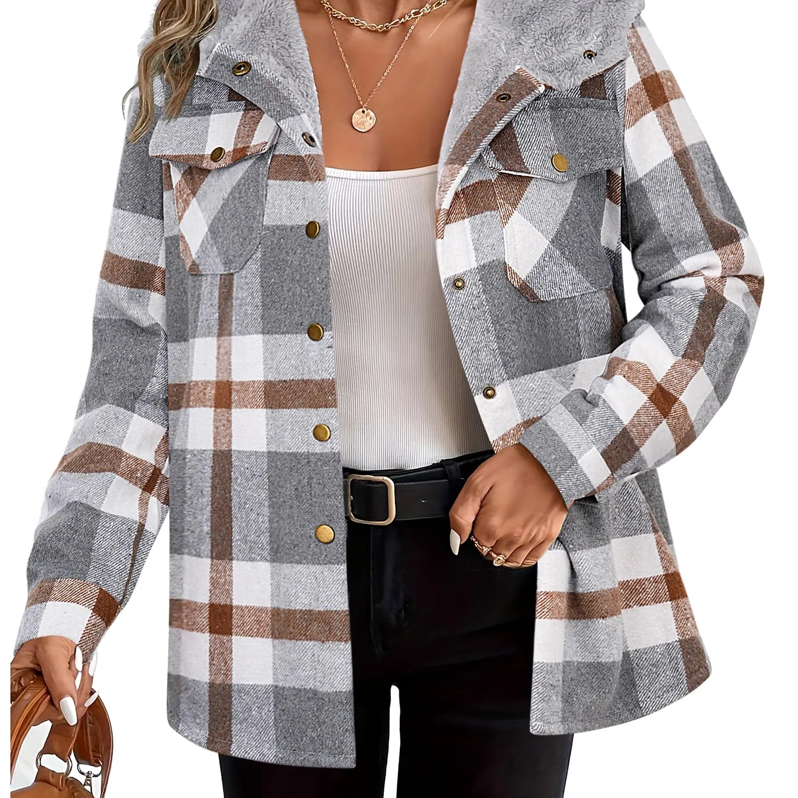Womens Plaid Shacket Jacket Long Sleeve Fleece Hooded Jackets Fall Winter Warm Coat S-2XL