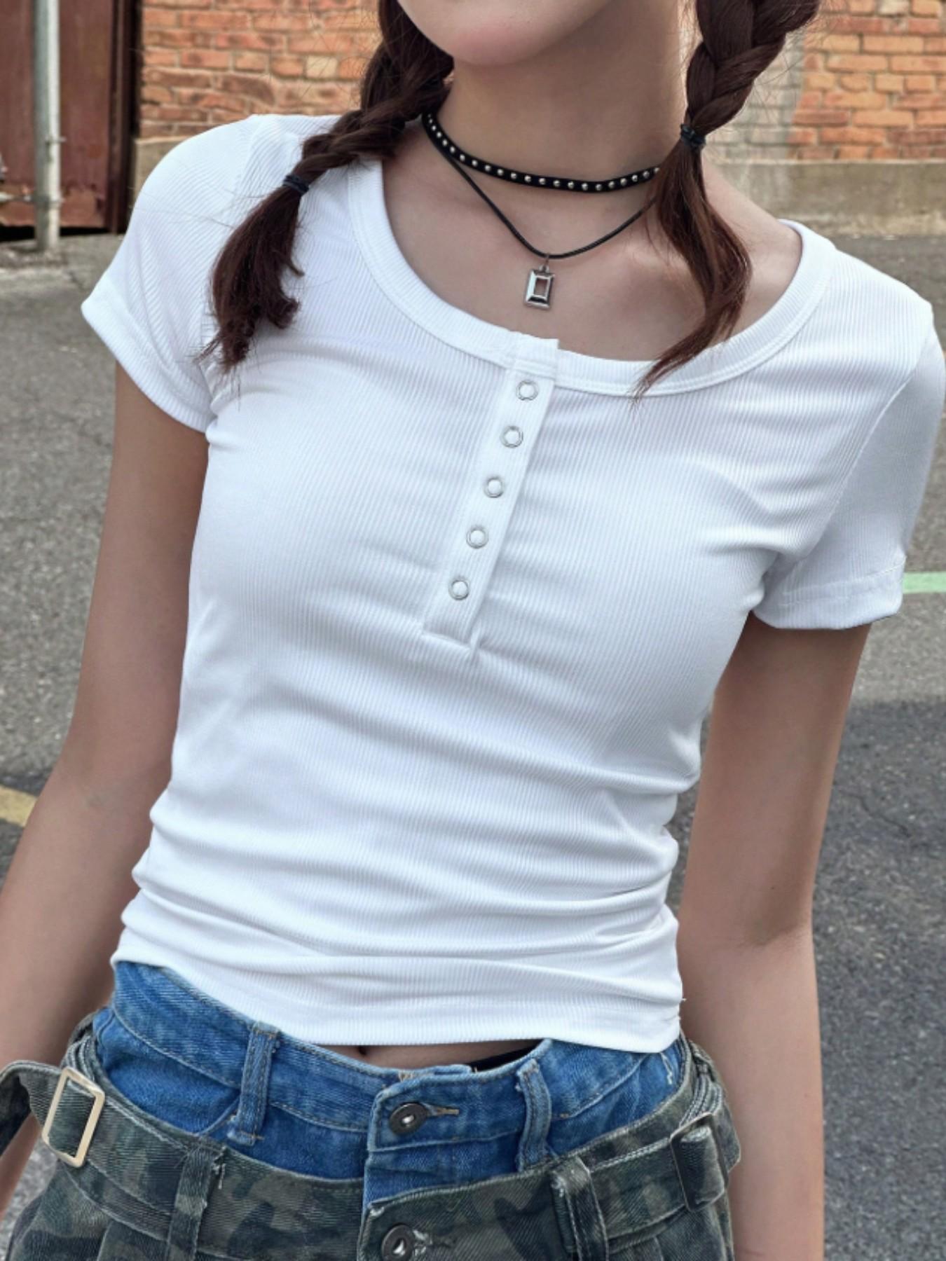 Girls' Round Neck Knitted Short Sleeve Top, Solid, Slim-Fitting, Casual Style, Perfect for Carnival Gifts, Teenage Fashion