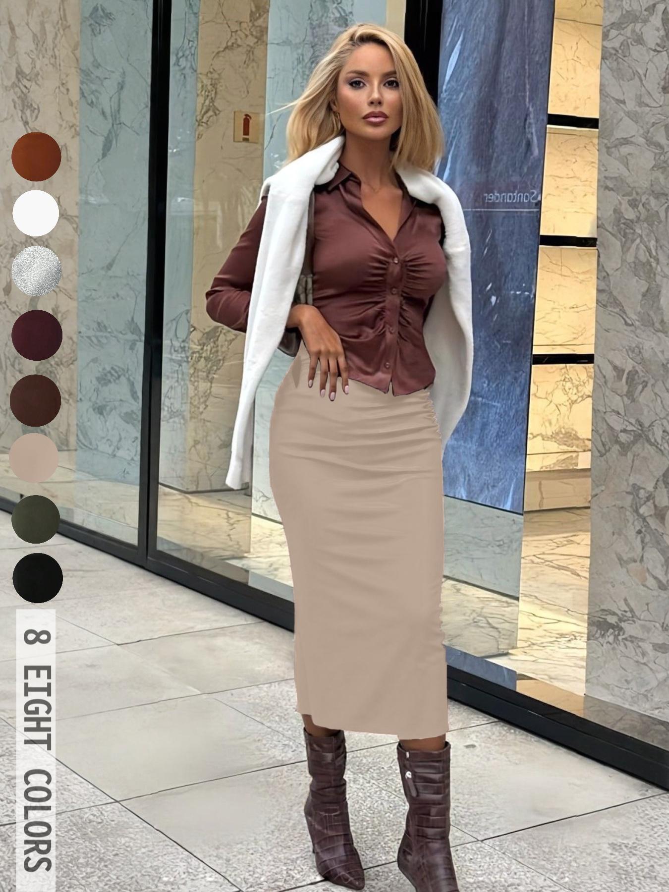[Susan Exclusive]Women's Plain A-Line Midi Skirt for Casual Daily Wear, High Waist Split Thigh Design, All Seasons Fashion
