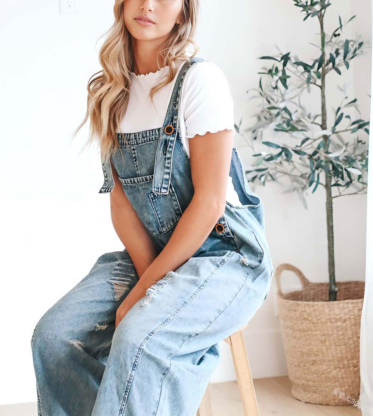Chouyatou Women Loose Adjustable Strap Denim Bib Overall Jeans Distressed Wide Leg Baggy Overalls Jumpsuit SpringStatements Chouyatou Women Loose Adjustable Strap Denim Bib Overall Jeans Distressed Wide Leg Baggy Overalls Jumpsuit SpringStatements