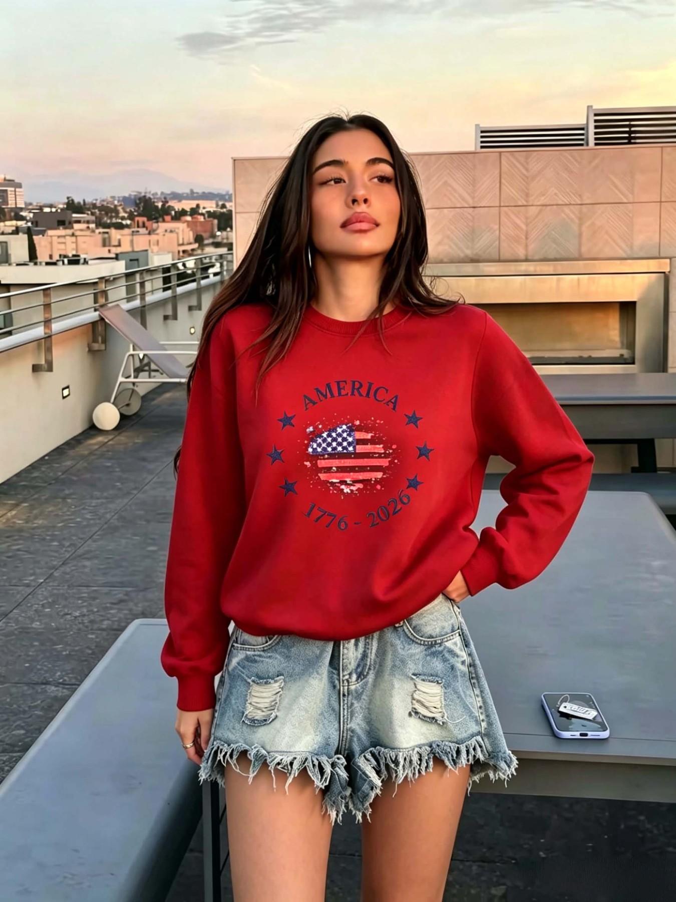 Vintage Heart American Flag Print Sweater, Independence Day Atmosphere, Usa 250th Anniversary, Retro Patriotic Style, July 4th