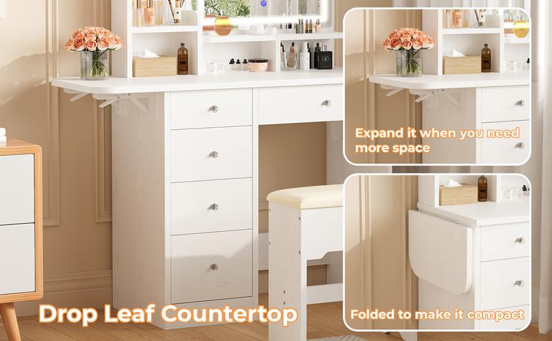 LIKIMIO Vanity Desk with Mirror & LED Light, Makeup Vanity Table with 5 Drawers, Power Outlet, and Vanity Stool, 3 Lighting Colors, Dressing Table for Bedroom