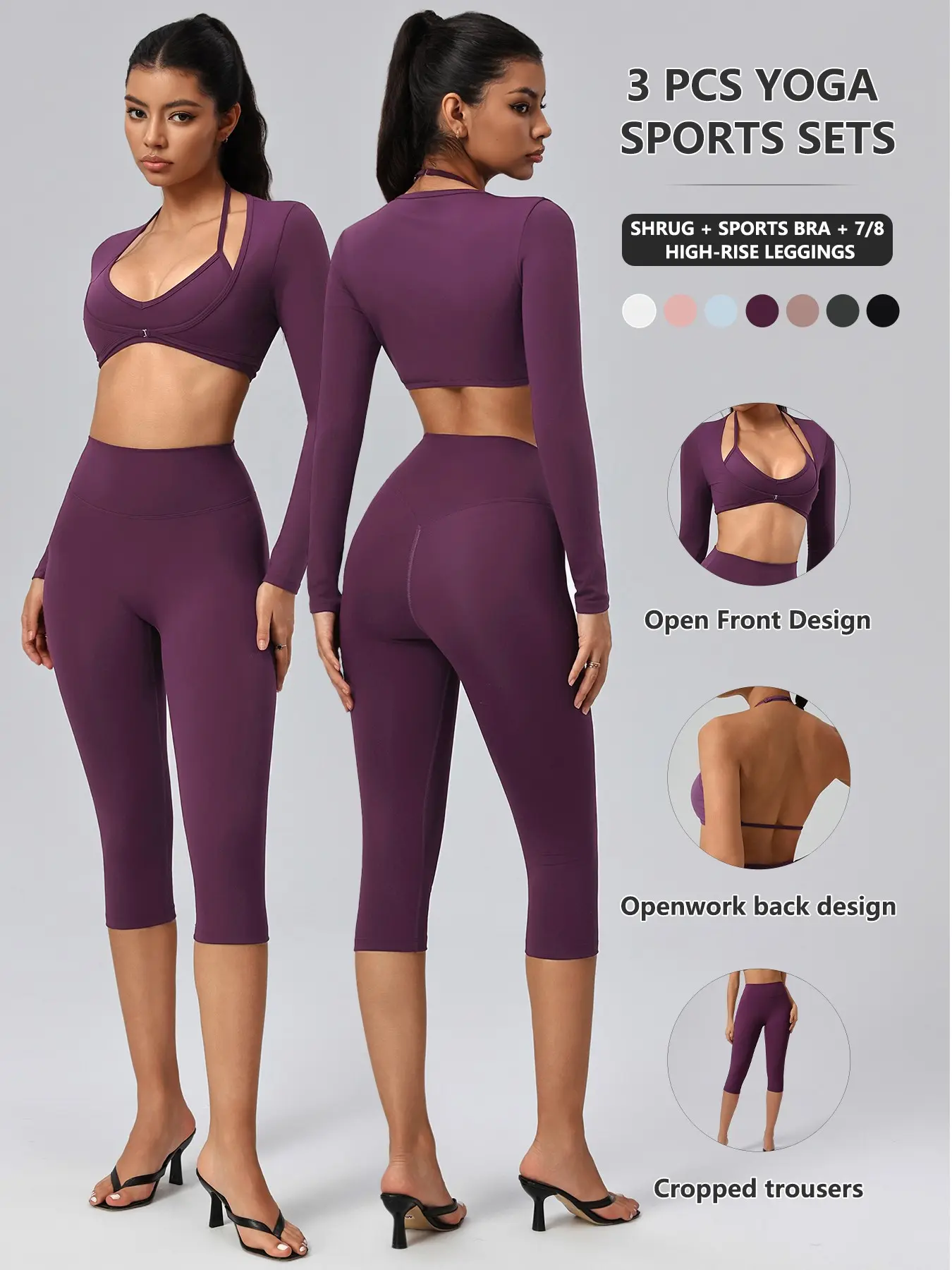 Three-Piece Yoga Set, Sports Bra，Sporty Long Sleeve Shrug, Breathable Quick-Dry Seven-Quarter Pants, Detachable Pads, Polyester & Spandex, All Seasons