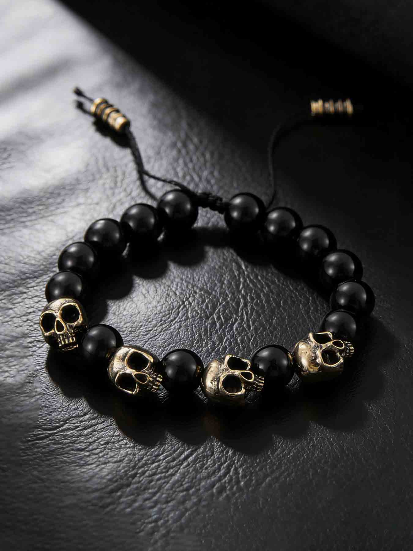 Vintage Gothic Skull Beaded Stretch Adjustable Bracelet, Trendy Punk Men's Party Street Style Personalized Hand Chain