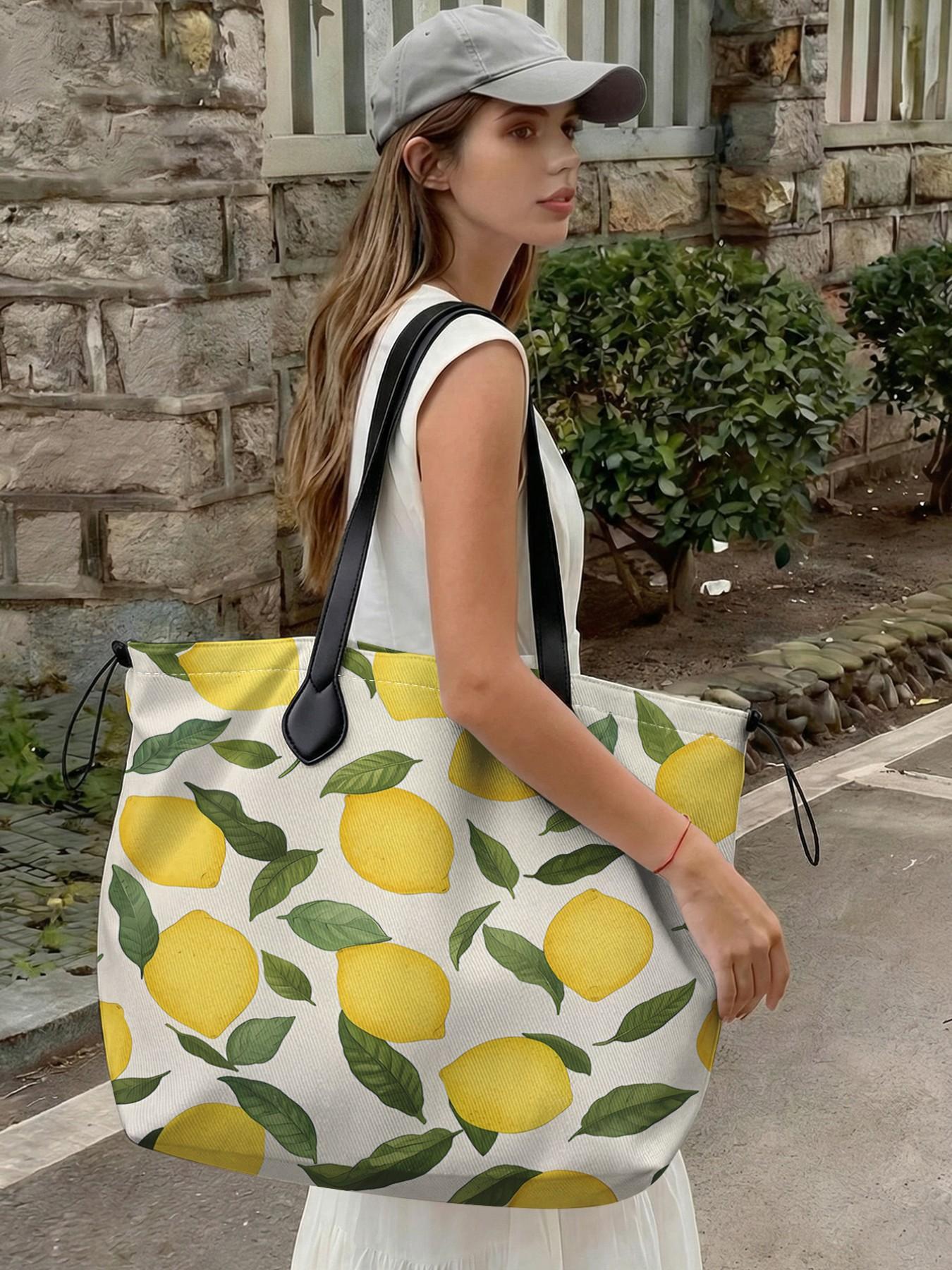 Lemon Pattern 2D Printed Drawstring Tote Bag, Large Capacity Shopping Bag, Durable and Wear-Resistant, Ideal for Work, Shopping, Picnic
