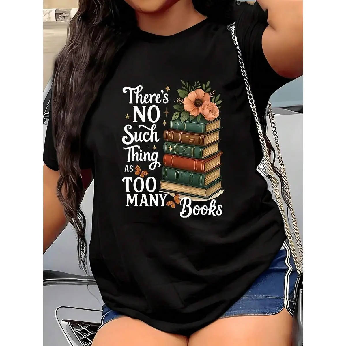 Library Love - Vintage Book Stack Illustration With Flower Sprouts And Literary Slogan 1 Pcs Women's Plus Size T-Shirt Fun Oversized Graphic Short Sleeve Tee Novelty 100% Polyester 220g Shirt Casual Crew Neck Top
