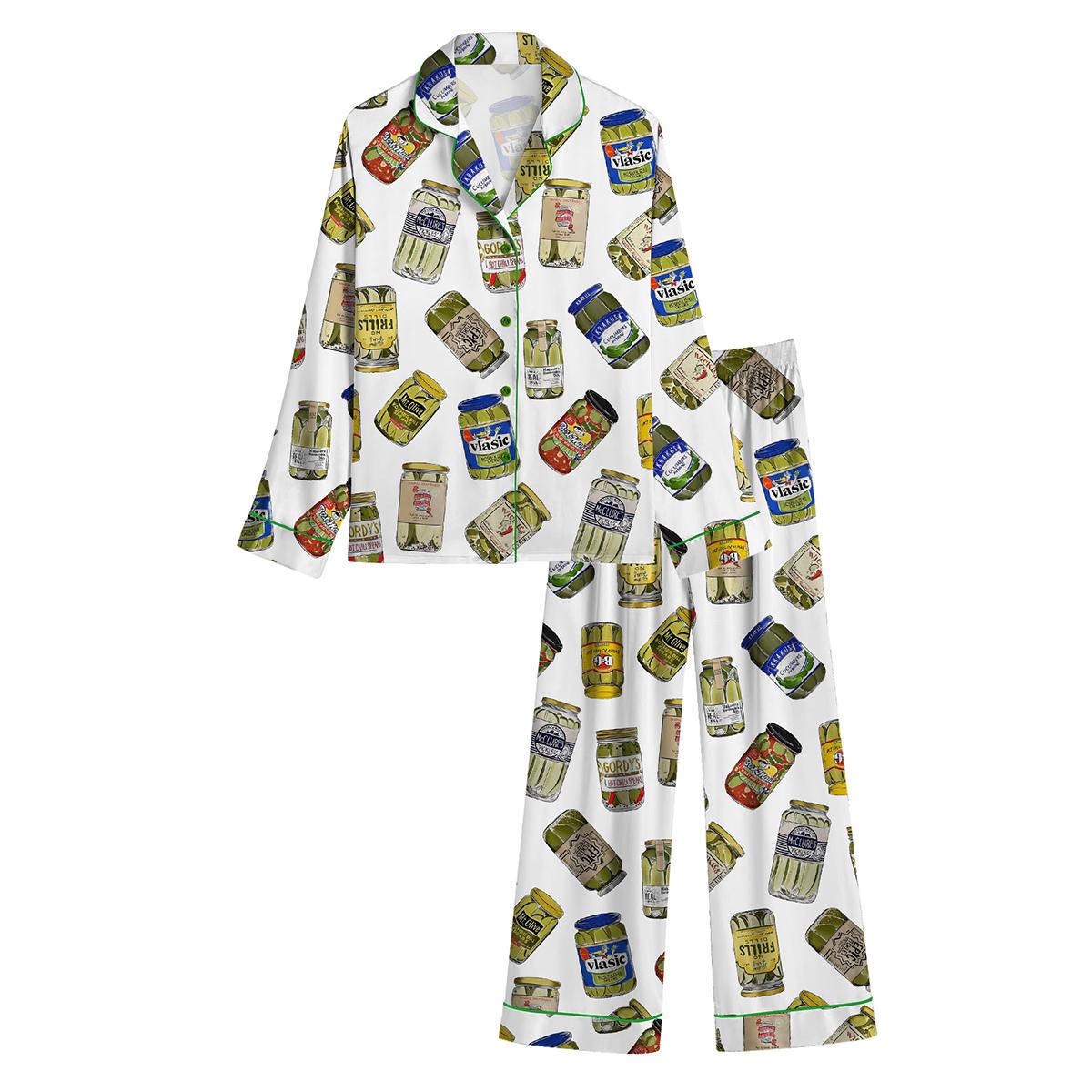 Vintage Canned Pickles Satin Pajama Set For Women Print Comfy Satin Sleepwear & Loungewear Pjs Short Sleeve Top & Bottoms Shorts Without Pockets - SHESHOW