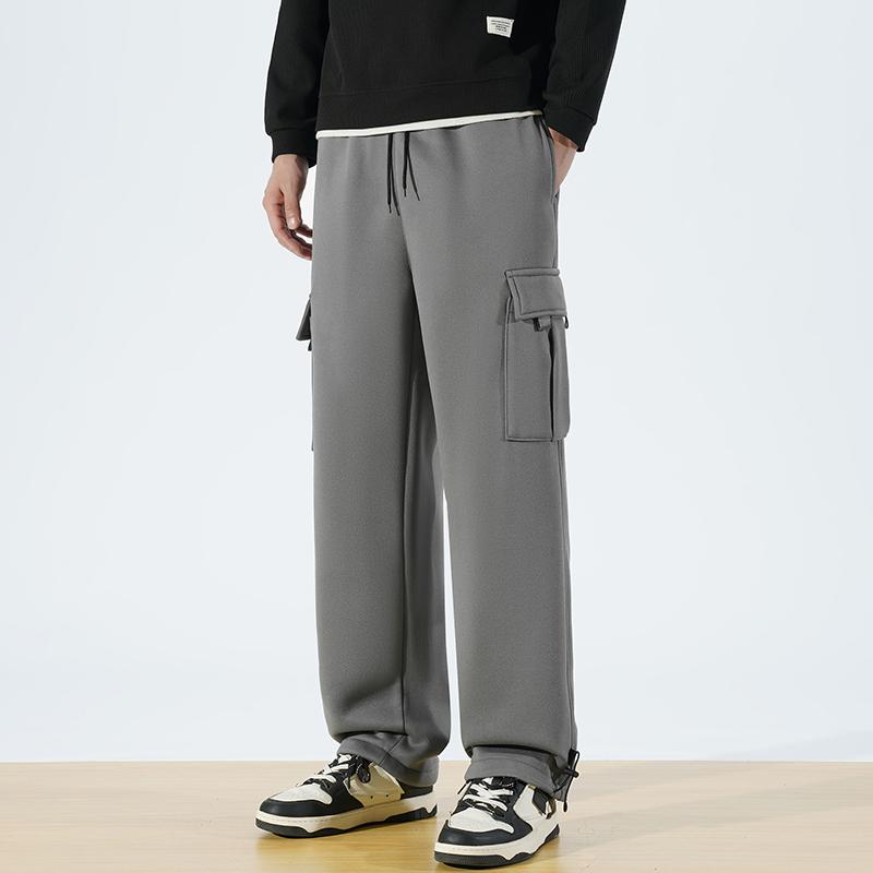 Men's Heather Gray Plain Elastic Cargo Sweatpants - 100% Polyester Fabric Menswear Bottoms, Multi-Pockets, Drawstring Waist, Adjustable Ankle Cuffs, Straight Leg, Relaxed Fit Soft Streetwear for Daily Errands, Lounging