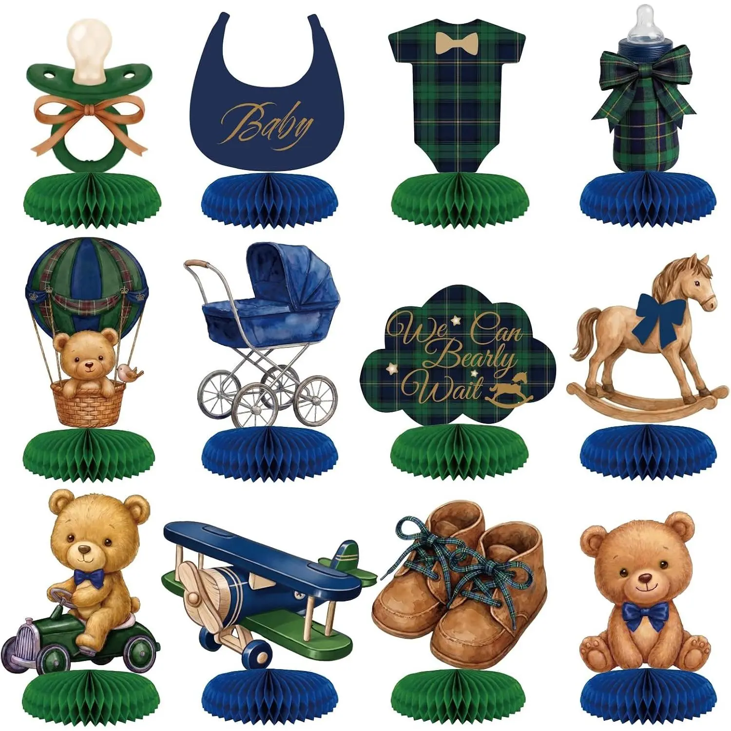 12 Pcs Green Blue Bear Baby Shower Honeycomb Centerpieces, Tartan Plaid Style Bear Baby Shower Decorations, 3D Table Decorations for Gender Reveal Birthday Party Themed Birthday