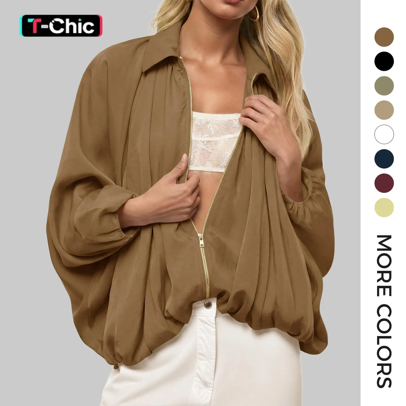 TANKANEO Women's Basic Casual Puffed Satin Bomber Jacket - Oversized Zip-Up Outerwear with Long Batwing Sleeves, Lapel Collar, Pleated Hem, Batwing Sleeve Art for Women's Fashion