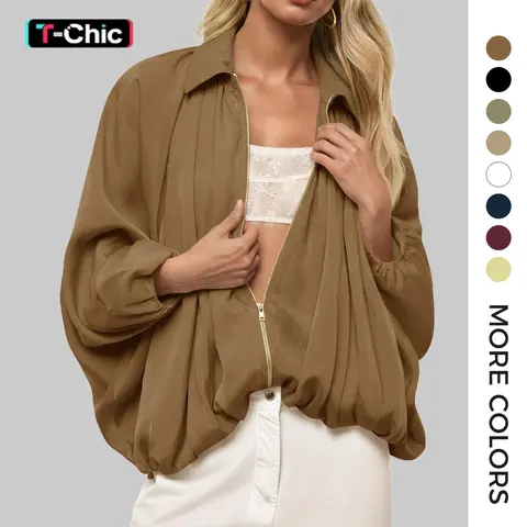 TANKANEO Women's Oversized Puffed Satin Bomber Coat - Stylish Basic Casual Zip-Up Lightweight Outerwear, Long Batwing Sleeves, Lapel Collar, Pleated Hem, Fall Clothes