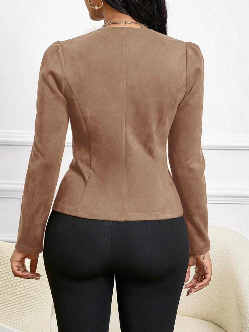 Women's Tan Suede Pearl Button Blazer, Faux Suede Fabric & Decorative Pearl Buttons & Puff Shoulders & Tailored Fit & Multiple Color Options 1pc