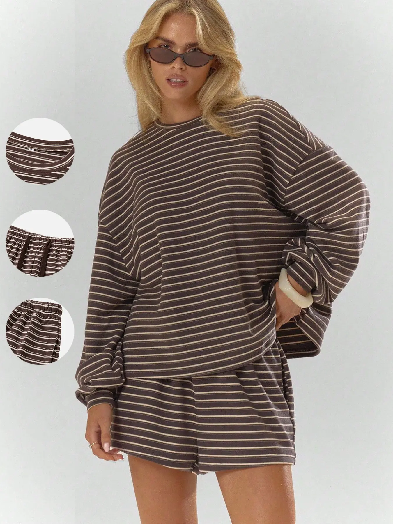 Women's Striped Set, Loose Fit, Long Sleeve Top, Pocket Short Pants, 2-Piece Casual, Soft and Warm, Fall & Winter Wear