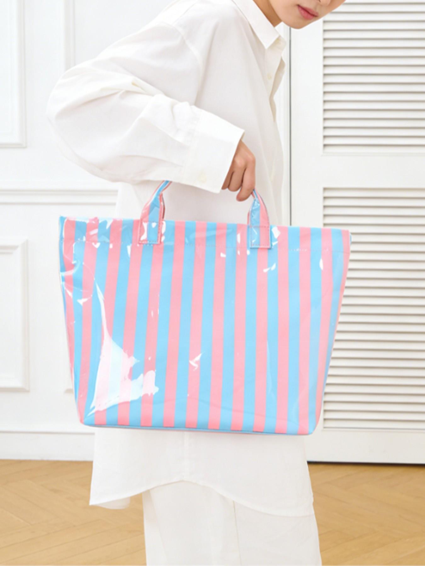 2026 New Striped Handbag Tote Bag, Large Capacity Shopping Bag, PVC Waterproof Fabric, Velcro Closure, Ideal for Daily Commute, Beach Vacation, Travel
