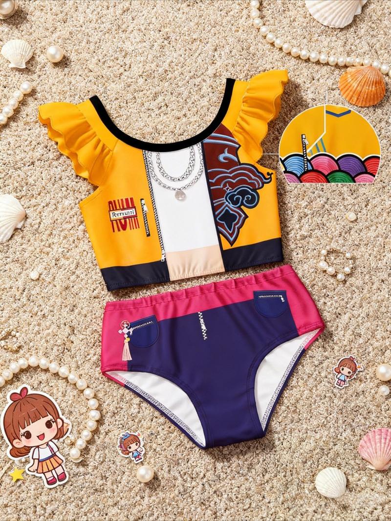 K-Pop Demon Girl Swimwear 3-Piece Set for Girls, Spring Summer Festival Must-Have, Includes Swim Cap, Swimsuit, and Swim Shorts