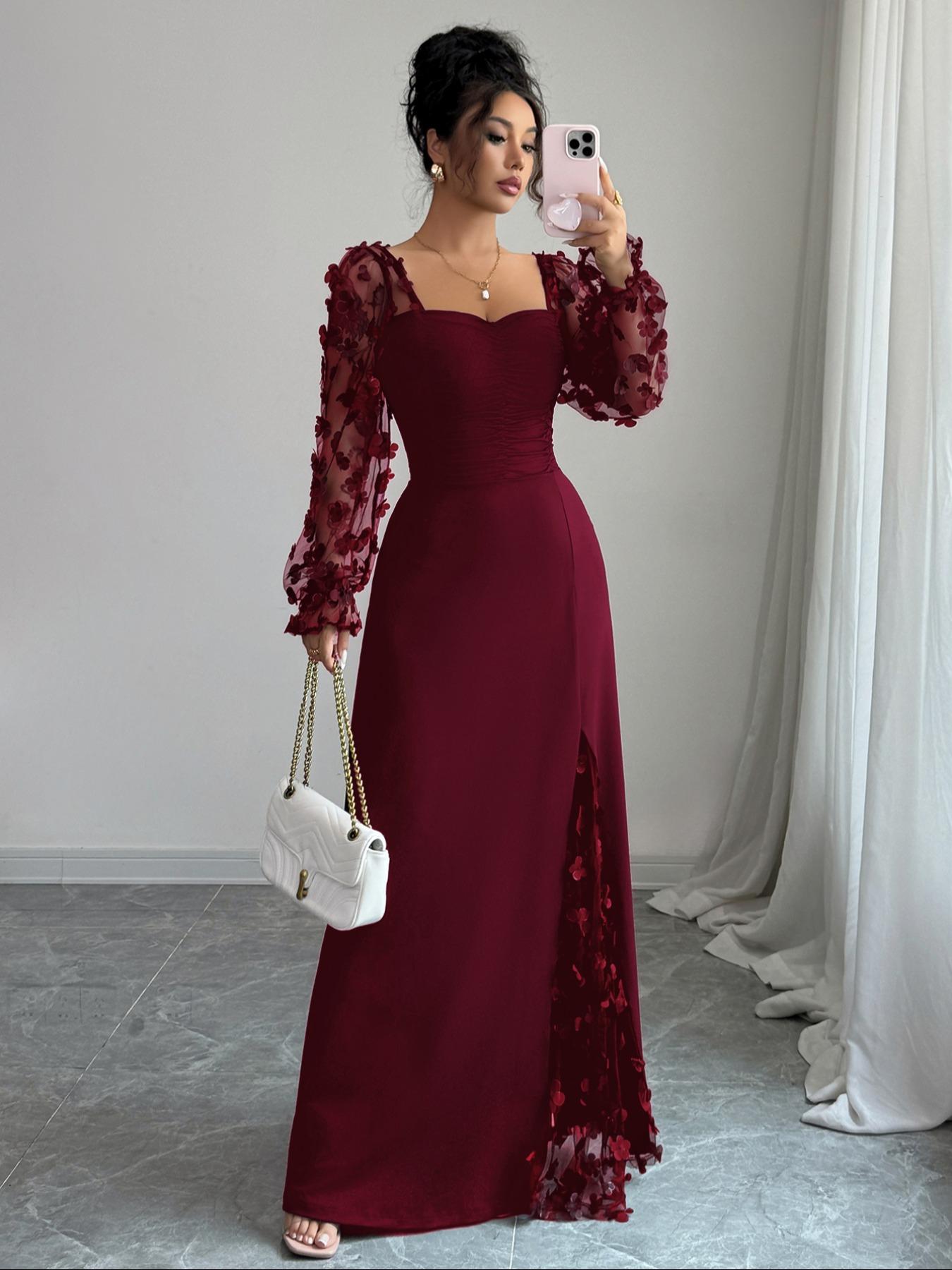 Pure Color Elegant Chic Square Neck Mesh Long Sleeve Split Design Dress, Fitted Plain Style, Perfect for Casual and Formal Occasions