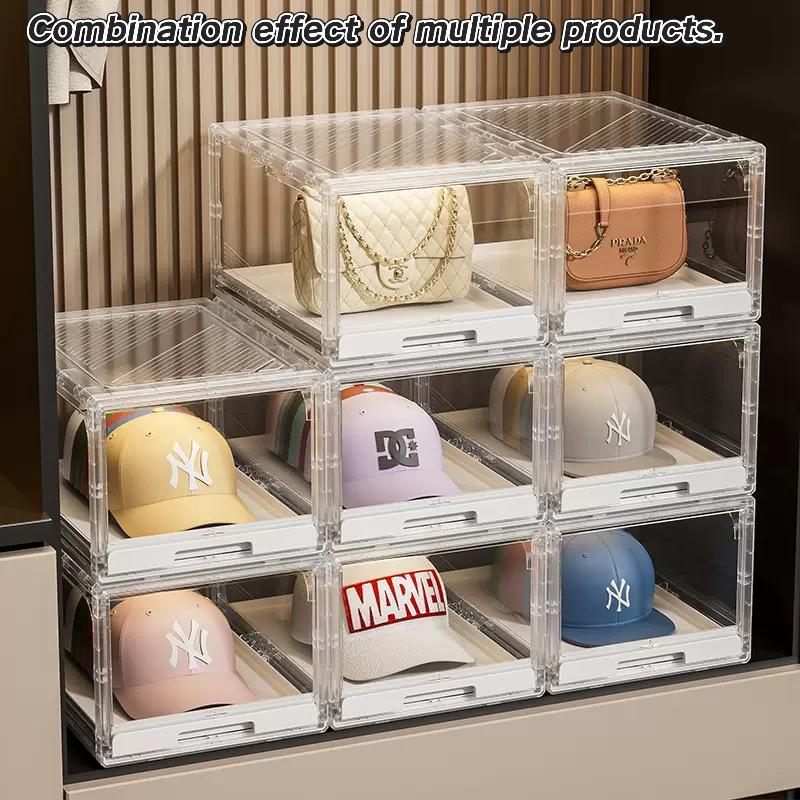 Baseball Cap Storage Box Set, Transparent Hat Organizer Case with Drawer & Sliding Tray, Stackable Display Rack Holds Up to 12 Caps