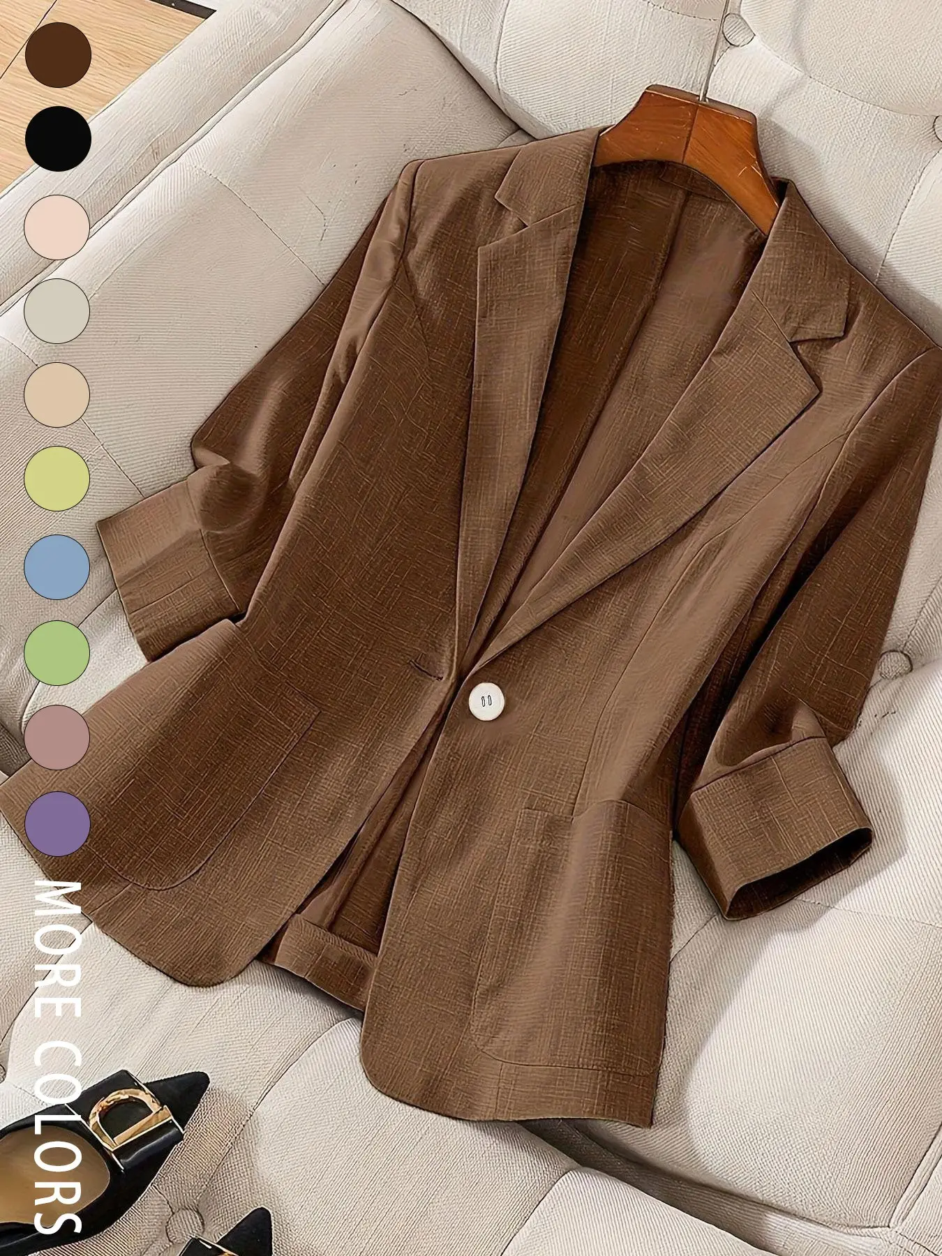 A women's solid color Fitted fashionable lightweight elegant high-end three-quarter sleeve Tailored Minimalist blazer, Womenswear, suitable for spring and summer, ideal for commuting and daily wear.