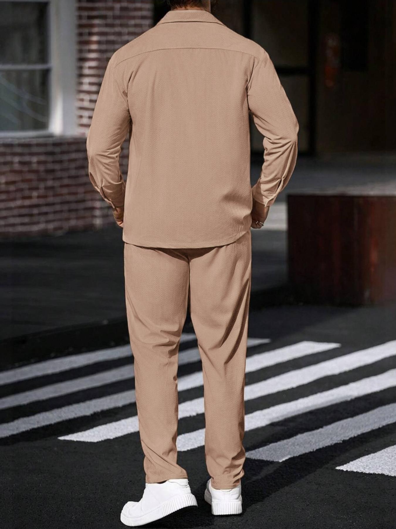 Men's two-piece solid color polo neck button with pockets coat and elastic drawstring waistband sport pants, regular version casual comfortable long sleeve top and, suitable for spring and autumn wear, men's daily clothing.