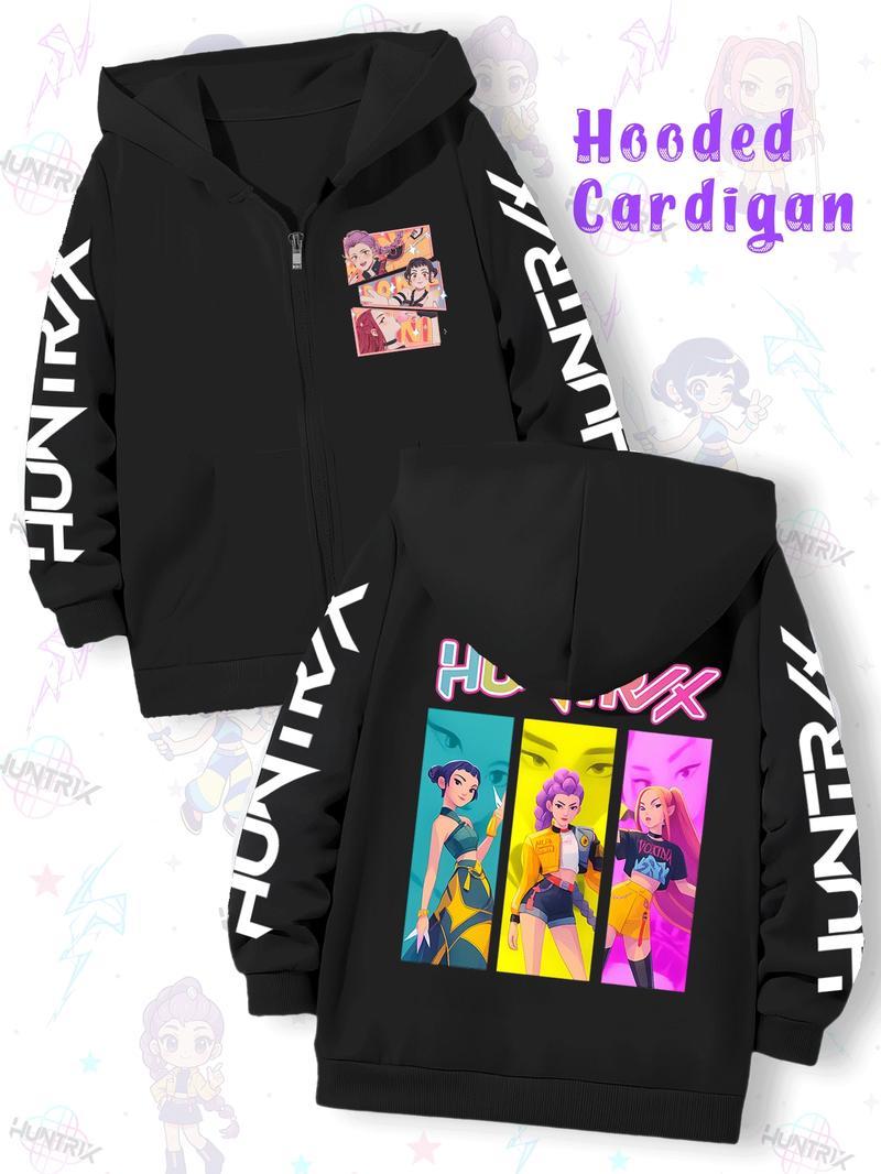 Girls Kpop Demon Hunters Cartoon Print Graphic Print Hoodie, Casual Fitted Jacket for Toddler Girls, Fall & Winter Zipper Sweatshirt