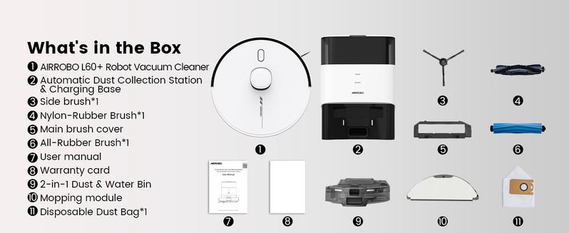 AIRROBO L60+ Self-Empty Robot Vacuum and Mop Cleaner with Ultrasonic Carpet Detection,6000Pa Suction,Laser Obstacle Avoidance,240min Long Runtime
