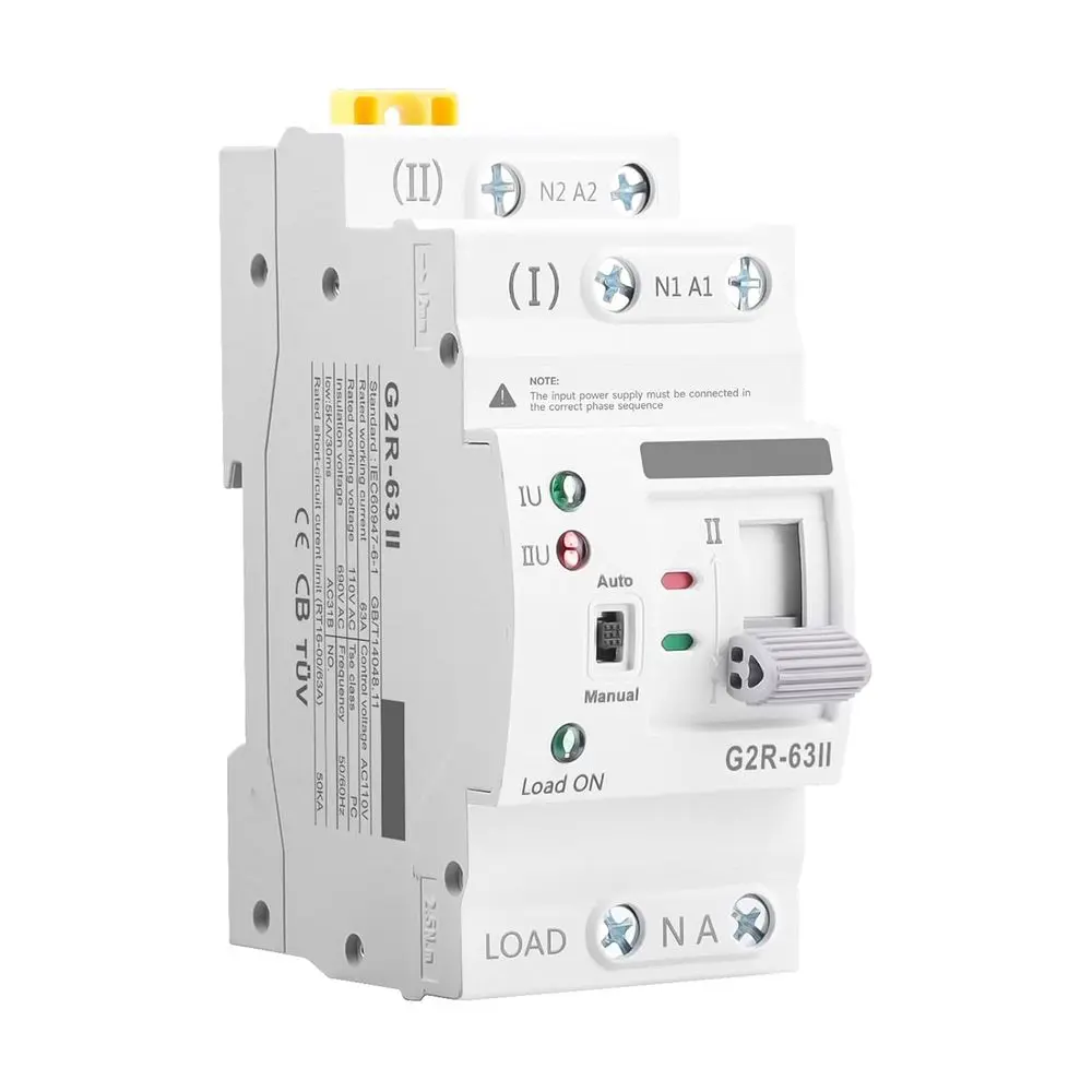 Mini ATS AC Automatic/Manual Transfer Switch 2P 63A 110V, ATS Manual Transfer for Uninterruptible Power Supply Home, Dual Auto Power Electrical Selector Switch DIN Rail Mount(G2R 2P 63A AC110V)