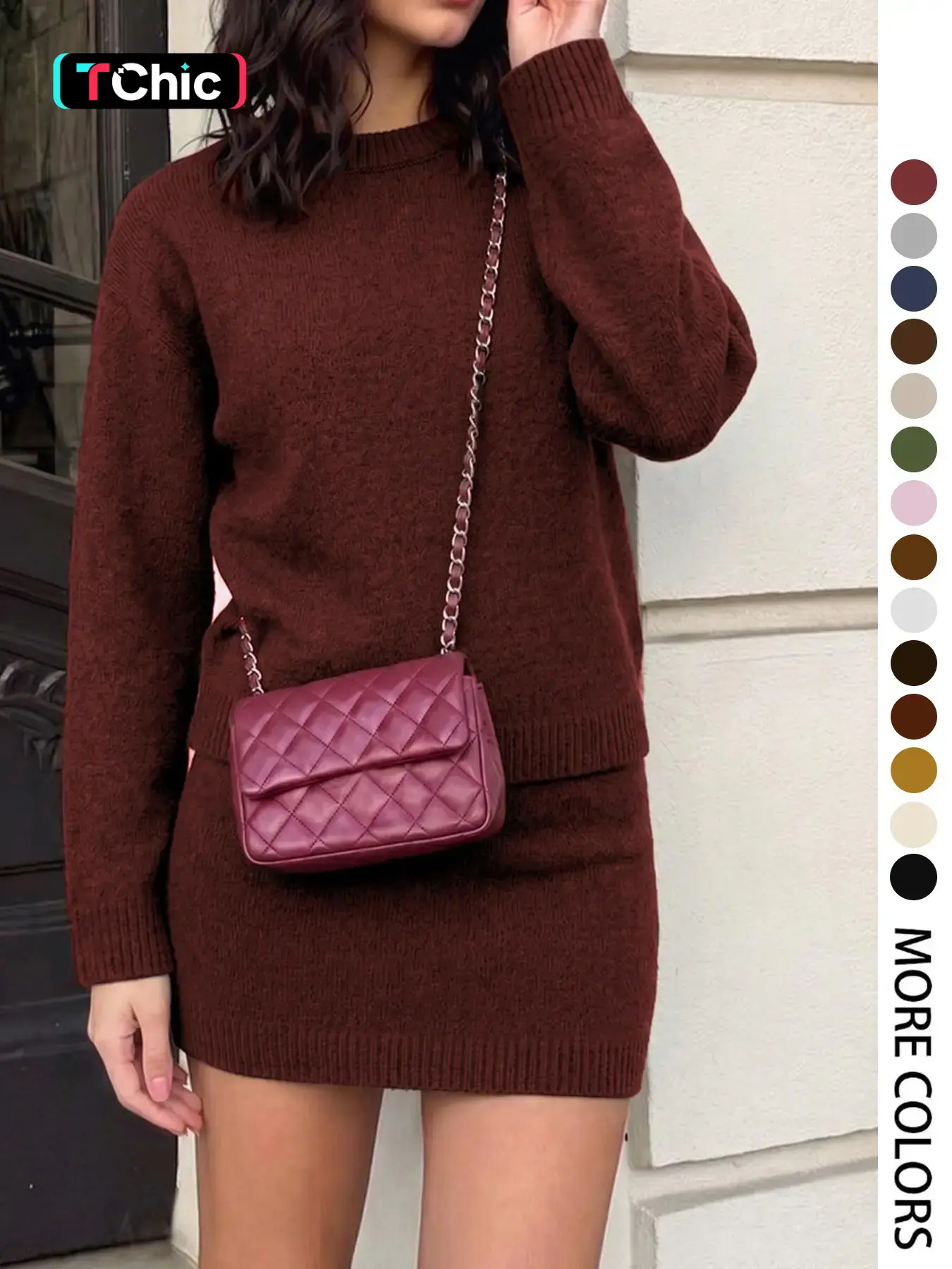 Elegant Women's Fall Winter Fashion Casual Home Wear Clothes Basic Simple Fitted Solid Color Knit Ribbed Binding Round Neck Long Sleeve Set