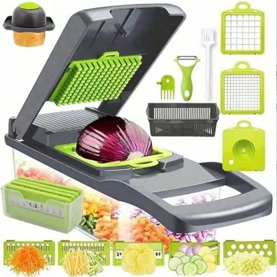 16-Piece Multi-Functional Vegetable Chopper Set, 12-In-1 Knife Blade Cutter with Storage Box and Hand Protector, Kitchen Prep Tool