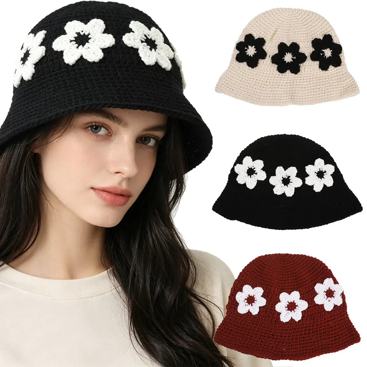 AWAYTR Handmade Crochet Flower Bucket Hat for Women Knit Floral Fisherman Cap Fall Casual Basin Hat Cute Beanie