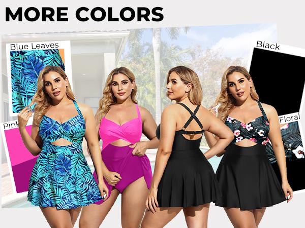 Tempt Me Women Plus Size One Piece Swimdress Cutout Swimsuit with Skirt V Neck Wrap Bathing Suits