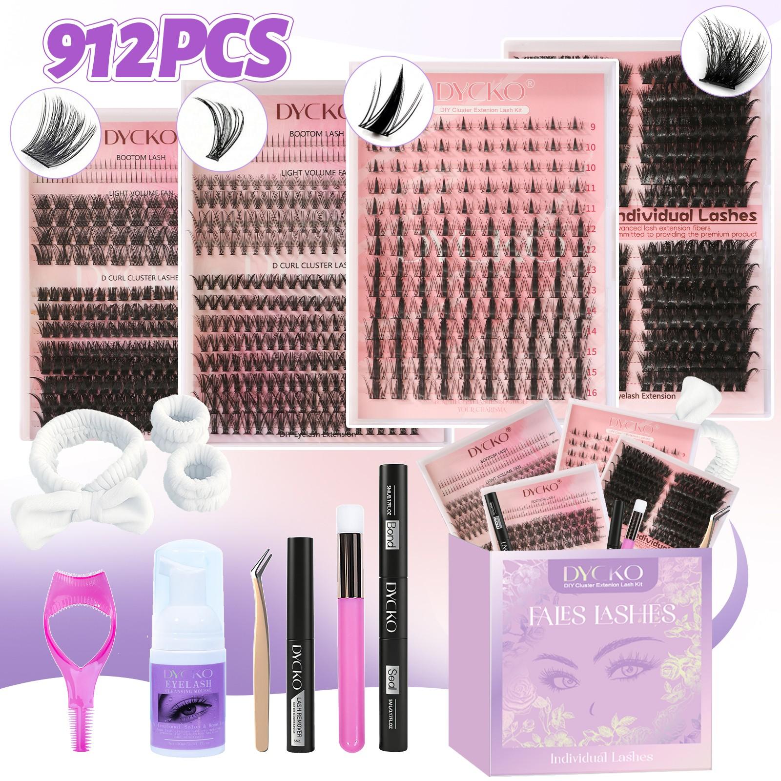 DYCKO 912PCS DIY Eyelash Extension Kit, 11-Pcs Ultimate Lash Clusters Gift Box, 4 Styles Mixed Wispy Manga Individual Lashes, D Curl Starter Set with Bond Seal & Remover, Professional Salon Look at Home