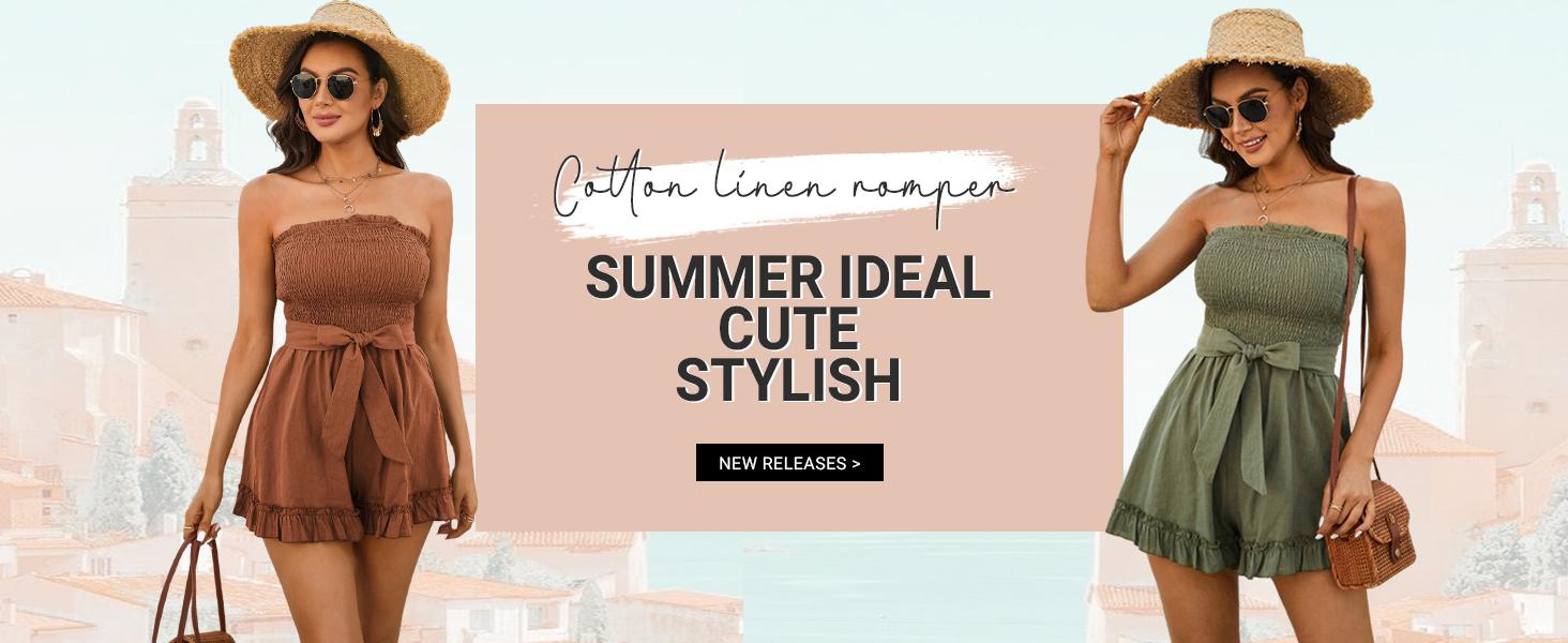 GRACE KARIN Women's Plain Cotton Linen Smocked Short Rompers, Casual Adjustable Spaghetti Strap Wide Leg Short Romper for Summe Ladies Clothes for Daily Wear Womenswear