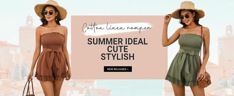 GRACE KARIN Women's Plain Cotton Linen Smocked Short Rompers, Casual Adjustable Spaghetti Strap Wide Leg Short Romper for Summe Ladies Clothes for Daily Wear Womenswear