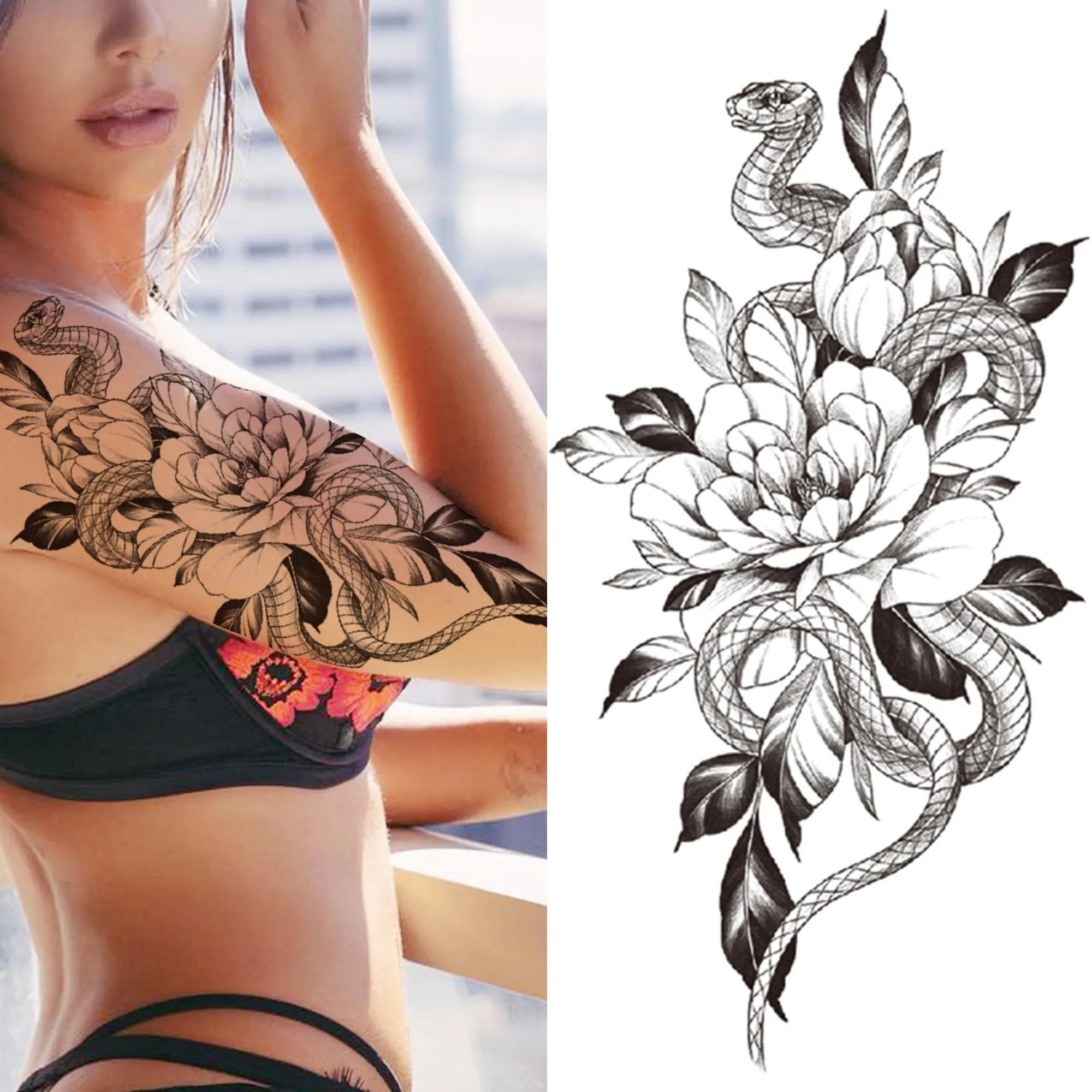 9pcs Death Skull Flower Temporary Tattoo For Women Girls Snake Bird Peony Tattoo Sticker Black Fake Blossom Sexy Tatoo Transfer Adult