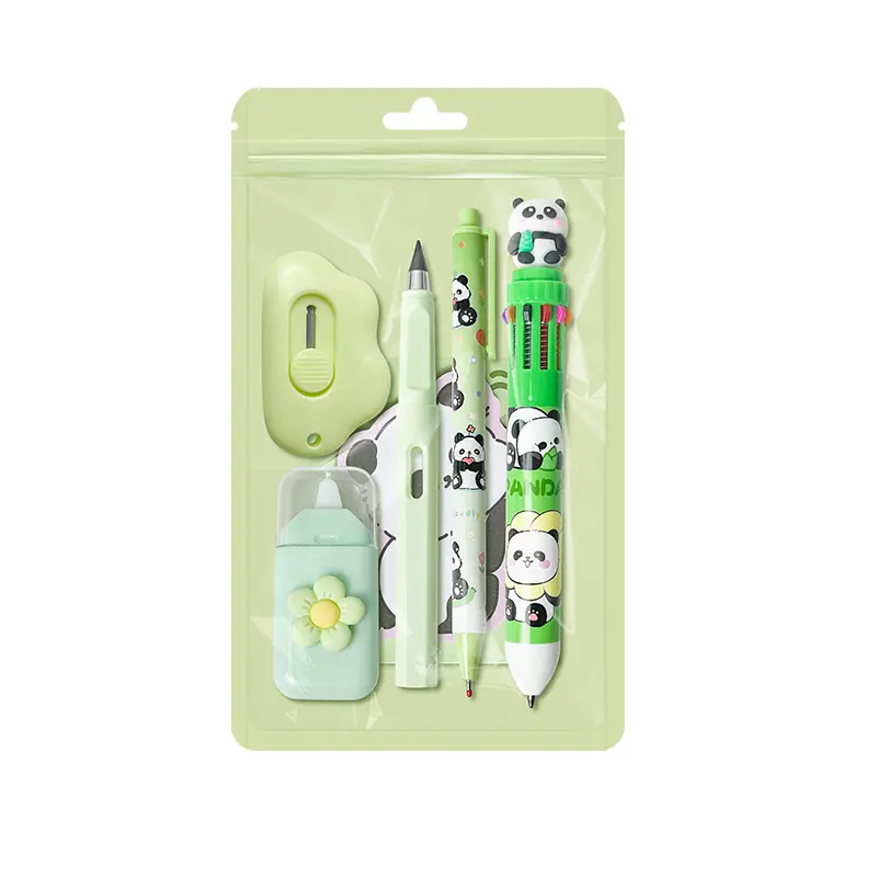 Panda Learning Stationery Set, 6-Piece Aesthetic School Supplies, Ballpoint Pens, Neutral Pens, Pencils, Correction Tape, Sticky Notes, Cute Panda Design