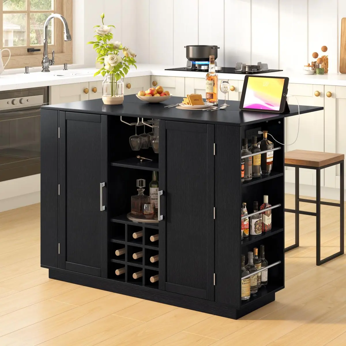 47.2" U-Shaped Kitchen Island with Drop Leaf, Power Outlet, Wine Rack & Glass Holder, 2-Door Buffet Sideboard, Melamine MDF, Black or White