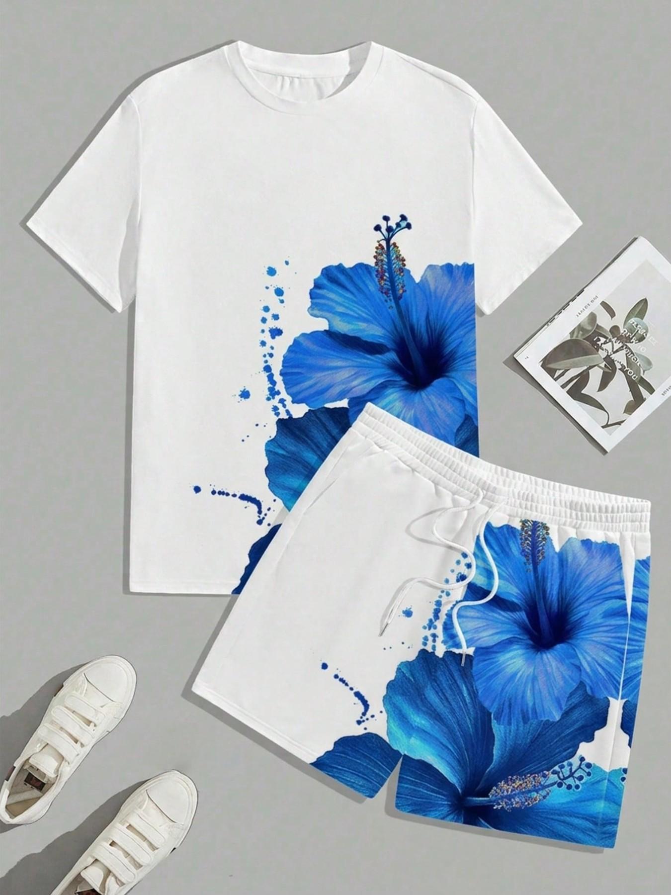 Summer Men's Outdoor Round Neck Short Sleeve T-Shirt and Shorts Set, Floral All over Print, Casual Fitted Style, 2-Piece