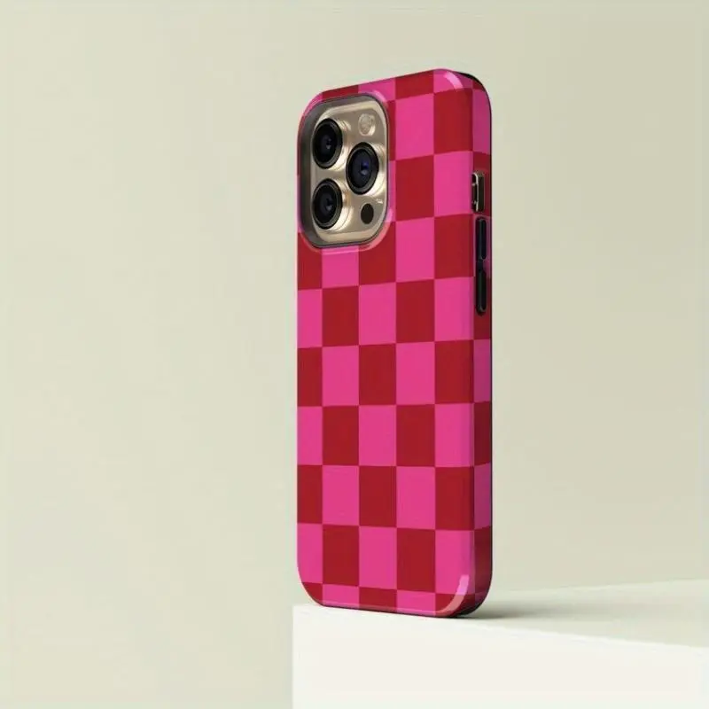 Pink and Red Plaid Shockproof Phone Case - Customized Aesthetic Cover with Scratch Guard, Durable Casing, Lightweight Feels Easy in Hand for iPhone 13,14,15,16 Pro Max Multi-Models, Shockproof Protective Covers, Protective Mobile Accessory